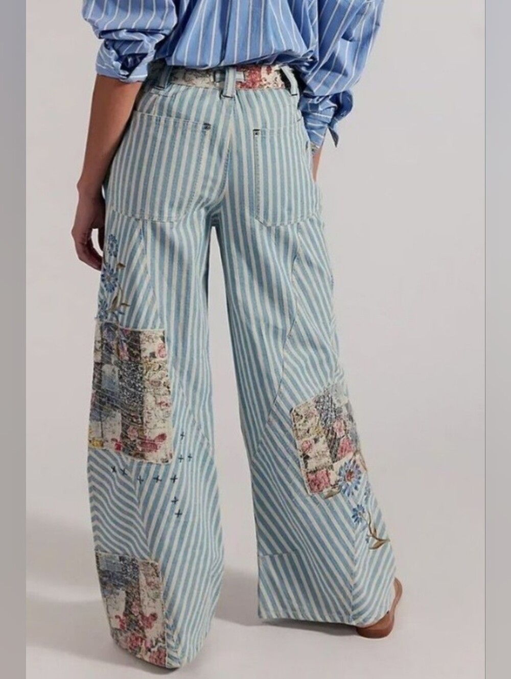 New Free People Wide Leg Lightweight Railroad Stripe Cotton Fabric Pants. Jeans - Picture 4 of 9